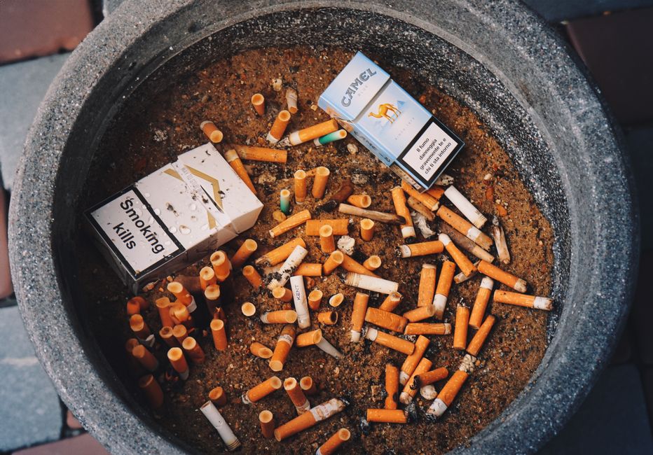 A large round concrete ashtray or discarded item filled with numerous cigarette butts and debris, including several partially burnt cigarettes with orange and white filters, scattered across the sandy or dirt-like surface inside the container. Two cigarette packs are visible among the debris: one is a white pack with the warning label 'Smoking kills' on its side, and the other is a Camel brand pack with a distinctive camel logo and warning label, both resting on the surface. The ashtray appears to be outdoors, placed on a surface with brickwork edges visible on the side, with natural lighting casting soft shadows. This scenario relates to waste disposal and littering concerns, which could be part of a community cleanup or waste management context, relevant to house removals and proper disposal practices supported by companies like Maida Vale Man and Van during relocation processes.